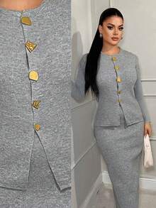 SHEIN SXY Nowy, retro, biznesowy, spersonalizowany, dopasowany do ciała, dwuczęściowy komplet: spódnica i sweter damski z metalowymi guzikami, wczesna jesień - Szary - Zobacz 1