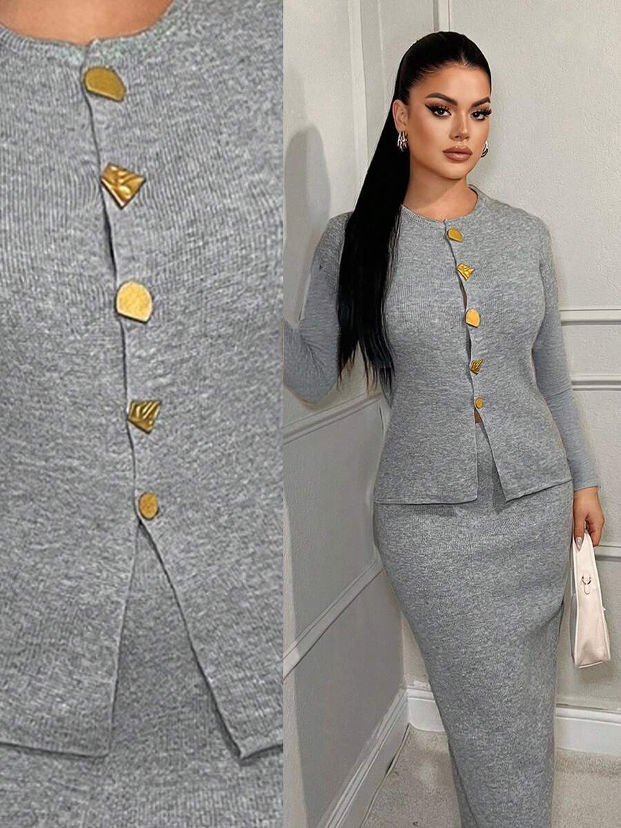 SHEIN SXY Nowy, retro, biznesowy, spersonalizowany, dopasowany do ciała, dwuczęściowy komplet: spódnica i sweter damski z metalowymi guzikami, wczesna jesień - Szary - Zobacz 1