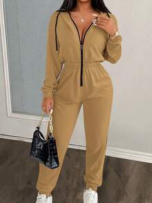 Eryvara Women's Drop Shoulder Long Sleeve Contrast Color Drawstring Hooded Casual Jumpsuit - Khaki - View 3