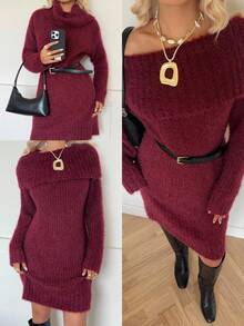 SHEIN EZwear 时尚露肩针织连衣裙，酒红色 - 酒紅色 - 查看 8