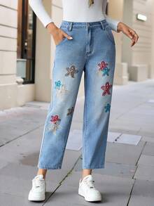 EMERY ROSE Women's Fashion Blue Embroidered Pocket Casual Versatile Jeans Loose Carrot Pants, 9-Point Pants, Flower Embroidery Medium Blue Jeans - Medium Wash - View 5