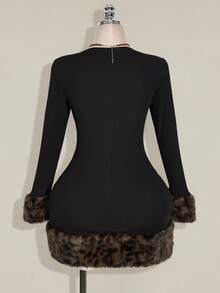 SHEIN ICON 大码女式秋冬罗纹拼接豹纹仿皮草修身黑色迷你连衣裙 - 黑色 - 查看 2