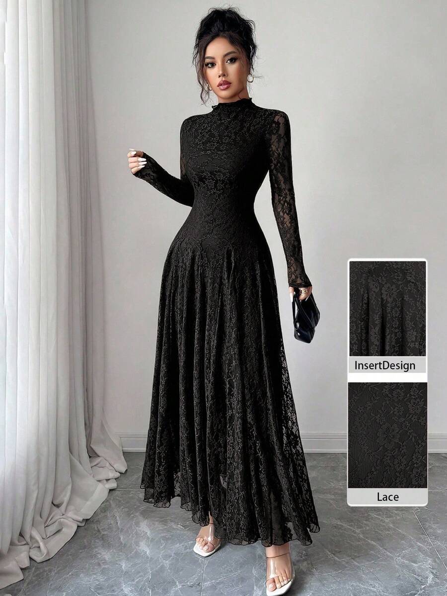 Modelyn 女式酒红色高领收腰蕾丝连衣裙 - 黑色 - 查看 1