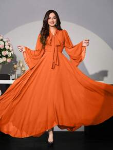 Modelyn Đầm suông cổ bẻ tay loe màu trơn thanh lịch dành cho nữ - trái cam - Xem 1
