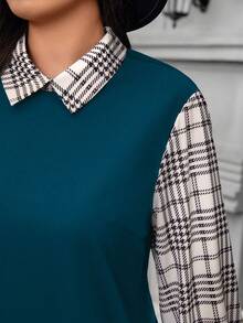 SHEIN LUNE 大码女式秋冬格子图案撞色袖衬衫领长袖休闲连衣裙感恩节装扮节日派对连衣裙女式派对连衣裙 - 寶藍色 - 查看 5
