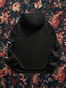 SWAVVY Men's Fashionable Letter Print Hoodie, Autumn/Winter - Black - View 2