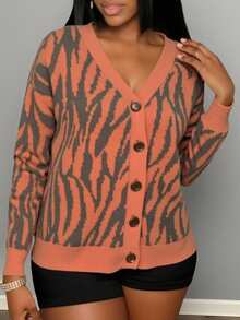 Slaydiva 秋冬新款女士休闲开衫，百搭实用，适合日常出行、度假、街头穿搭、派对、万圣节等场合 - 圆领、落肩、长袖，橙色、红棕色、螺旋、波浪、波纹图案，开襟针织毛衣 - 彩色 - 查看 6