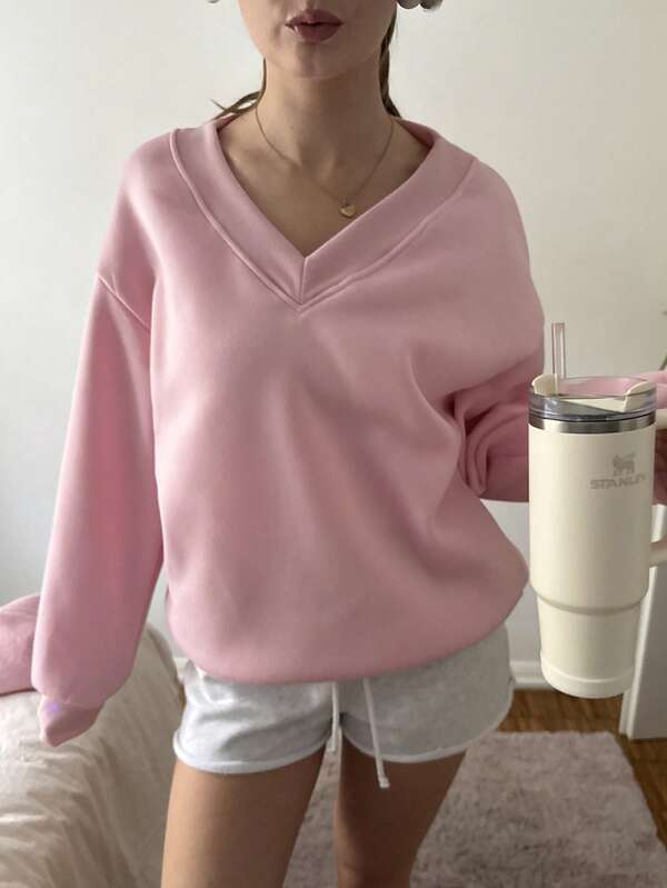 CovetEZ Moletom feminino folgado, casual, grande, com decote em V, ideal para outono/inverno, rosa