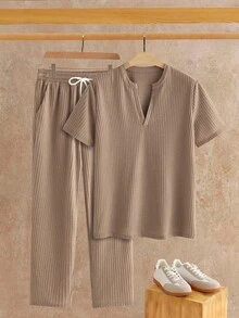 Manfinity VCAY Men's Solid Notched Neck Polo Shirt & Pants Set Casual Two Piece Set Men Apricot Men Outfit Linen Men Set Men S Co Ord Set Brown Sets For Men - Multicolor - View 1