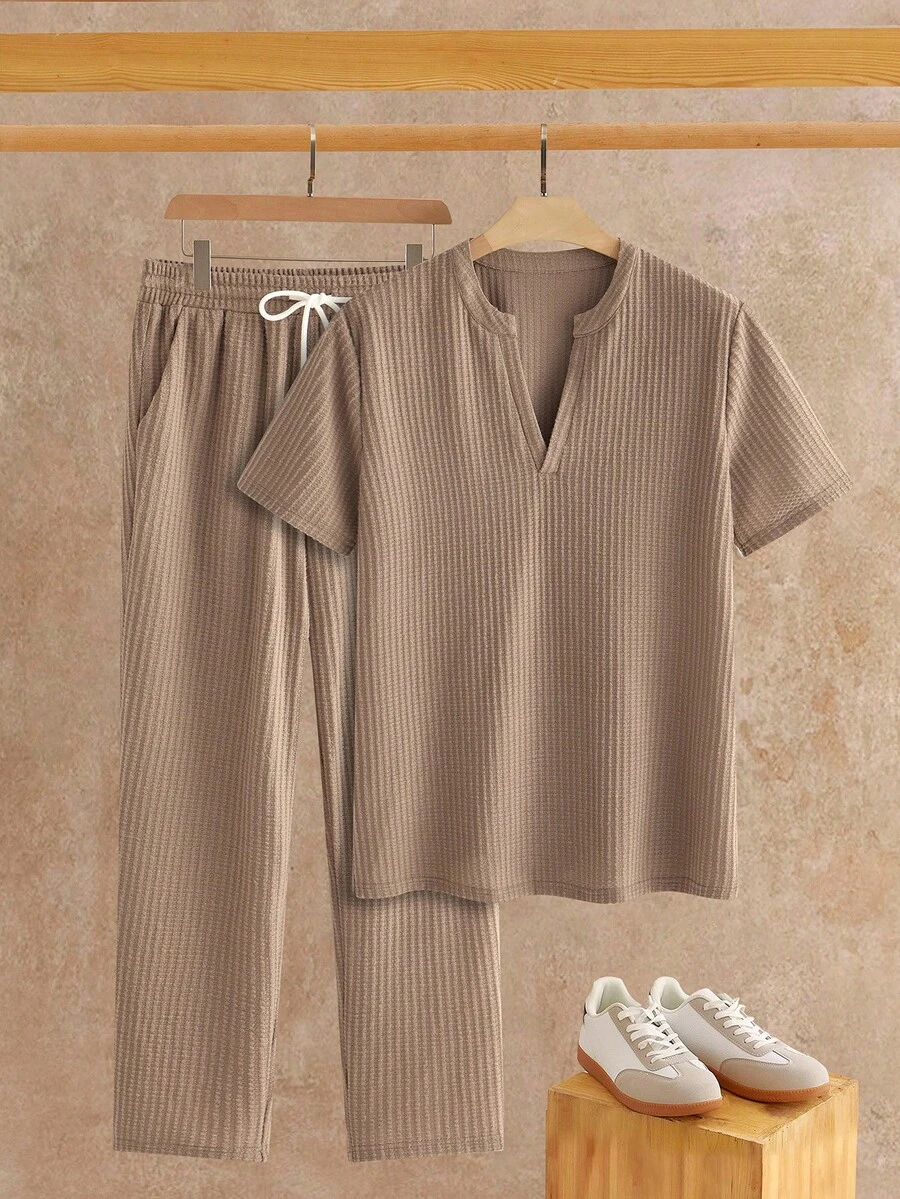 Manfinity VCAY Men's Solid Notched Neck Polo Shirt & Pants Set Casual Two Piece Set Men Apricot Men Outfit Linen Men Set Men S Co Ord Set Brown Sets For Men - Multicolor - View 1
