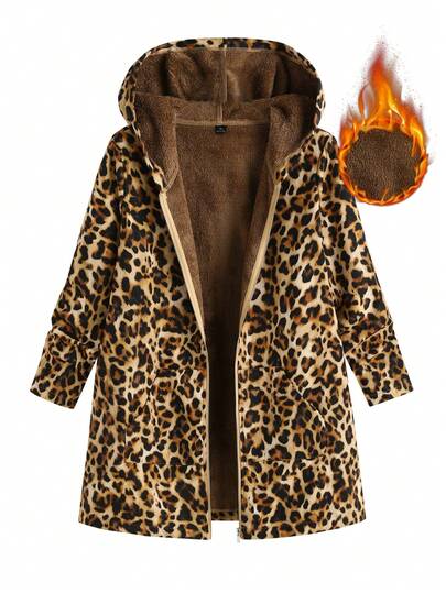 SHEIN Büyük Beden Kadın Leopar Desenli Fermuarlı Günlük Termal Astarlı Kapüşonlu Ceket, Sonbahar/Kış