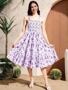 少女夏日假期迷你花卉印花圍裙連身裙 - 紫色 - 查看 7