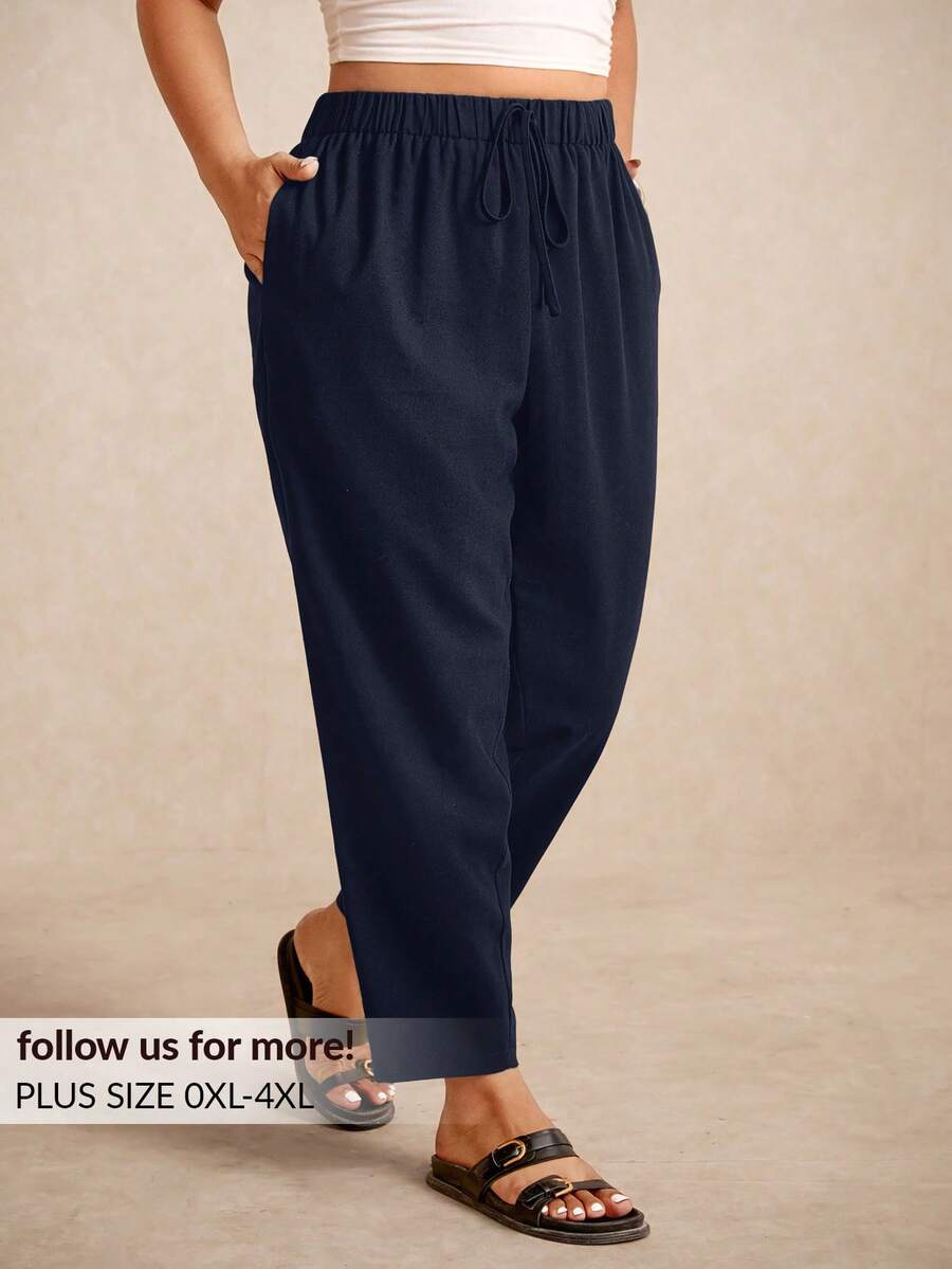 Elaquor Plus Size Women Solid Color Elastic Waist Casual Capri Pants With Pockets - Dark Wash - View 1