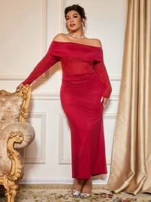 Elenzga 加大码合身蕾丝拼布优雅派对鸡尾酒会礼服，浆果色 - 酒紅色 - 查看 3