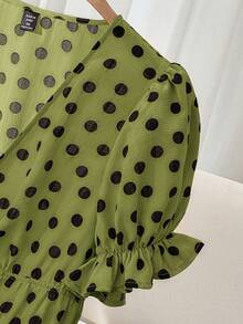CosyJoli Plus Size Women's Polka Dot Print Front Tie Short Sleeve Casual Blouse,Slightly Sheer Spring To Summer - Green - View 5
