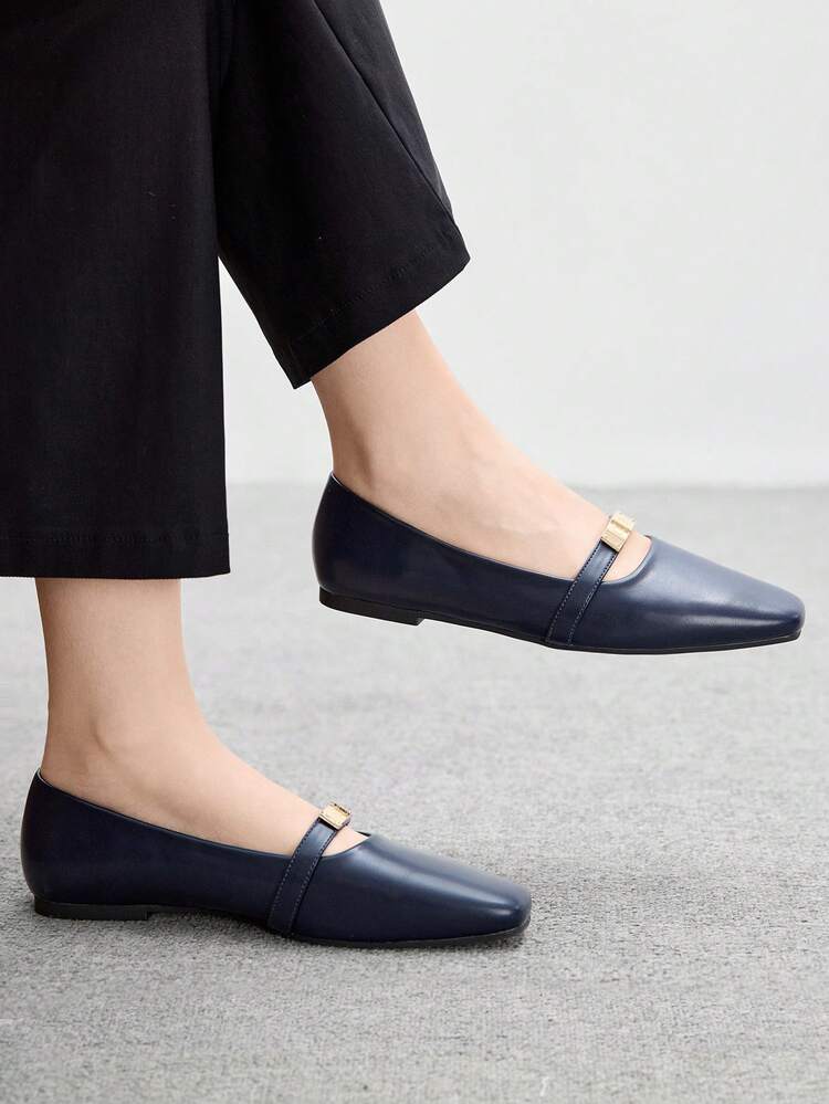 CUCCOO BIZCHIC Women's Square Toe Flat Navy Blue Metal Buckle Slip-On Flats, Comfortable Casual Mary Jane Shoes For Dresses For Christmas Spring Shoes