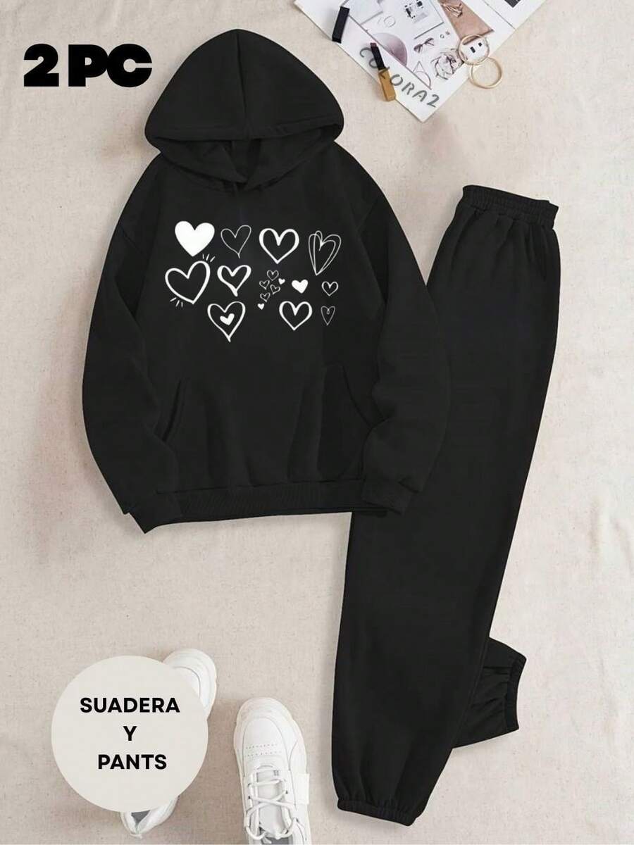 Mujer conjunto casual romántico corazones estampados tejido suave fit holgado capucha manga larga primavera otoño uso diario sudadera y pants - Negro - Ver 1