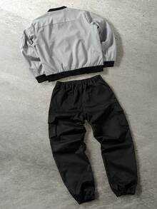 PAVTROS 男士撞色拉链棒球夹克和工装裤休闲套装 男士两件套 拼接男士两件套 宽松裤配夹克 男士两件套 春秋季运动男士工装套装 - 灰色 - 查看 2