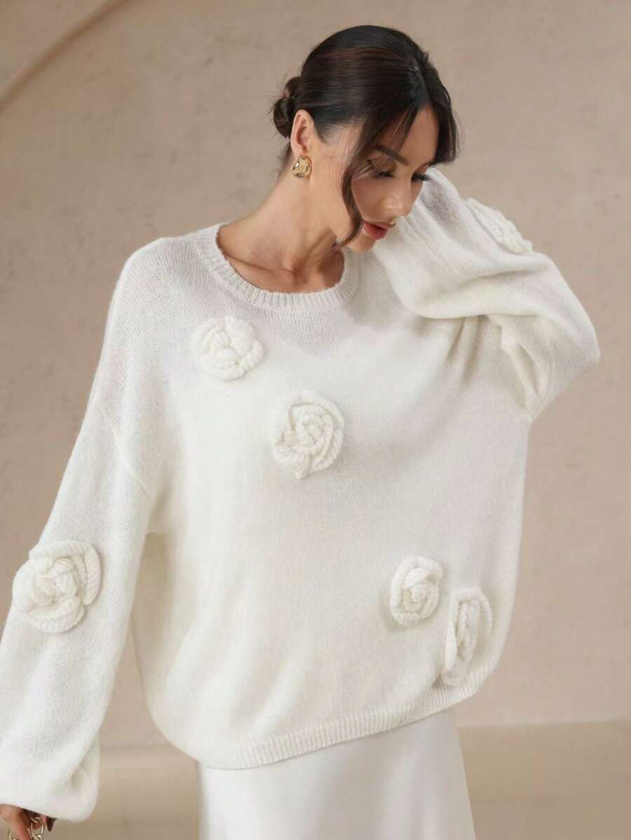 Glamine 春夏季優雅新款 1 件純色針織花卉裝飾長袖圓領女款毛衣上衣 - 米色 - 查看 1
