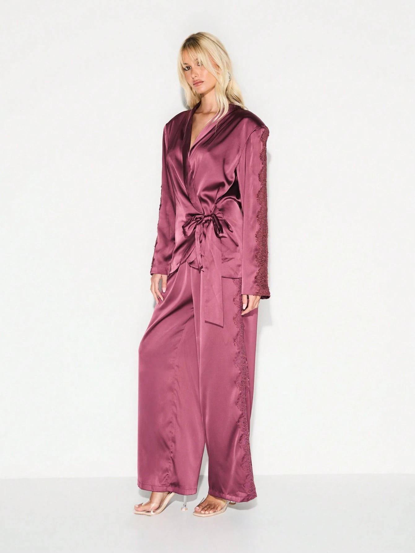 KIZN Satin Wrap Blouse With Lace Trim