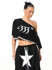 SUMWON WOMEN Off Shoulder Gothic Print Cropped Top With Raw Edge Details - Black - View 5