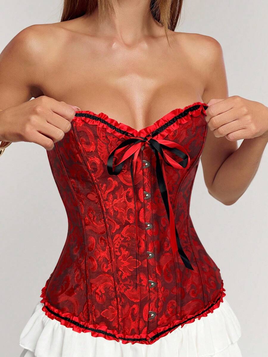 SHEIN BAE 女士花卉提花荷叶边前系带时尚抹胸上衣 - 酒紅色 - 查看 1