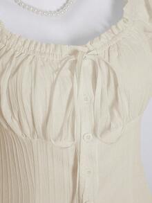 SHEIN Unity 女式夏季纯色荷叶边下摆系带腰短袖衬衫 - 杏色 - 查看 5