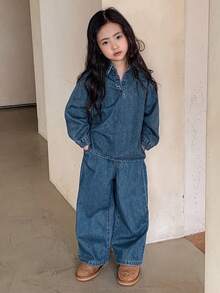 Dazy Kids Bộ 2 áo denim + quần denim ống rộng cho bé gái SeYoung Girlids mùa thu - Rửa trung bình - Xem 6