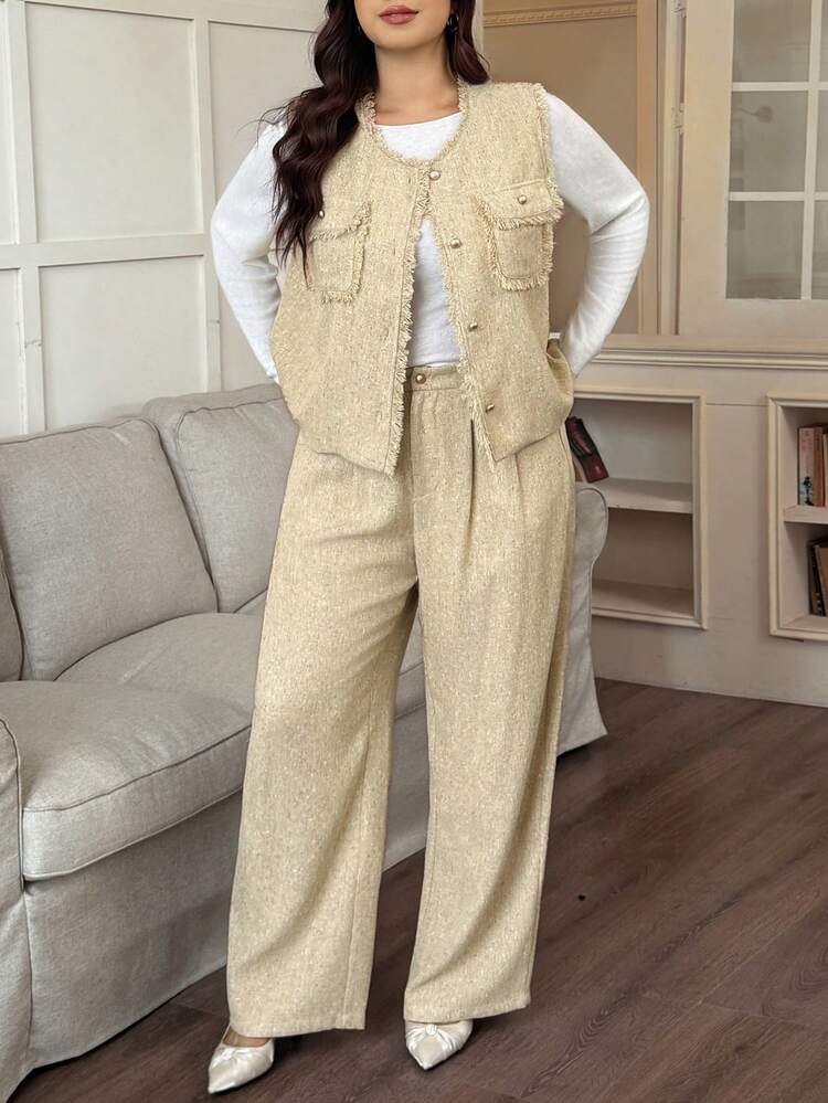 Dazy Plus Fashionable & Elegant Versatile Vest And Loose Straight Leg Pants 2 Pieces Set, Plus Size