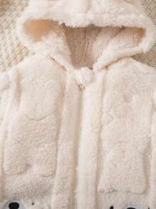 SHEIN Newborn Baby Girl Cute Apricot Fuzzy Cartoon Pattern Hooded Jumpsuit, Autumn/Winter - Multicolor - View 4