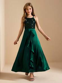 优雅迷人的无袖串珠中长连衣裙，适合少女穿着，祖母绿，适合晚宴、圣诞节、万圣节、婚礼、生日、演出等场合。 - 墨綠色 - 查看 6