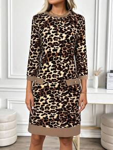 EMERY ROSE Vestido ajustado de mujer con cuello redondo y mangas 3/4 con estampado de leopardo - Caqui - Ver 4