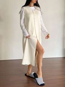 DAZY 女士针织无袖长裙家居服，秋冬 - 白色 - 查看 5