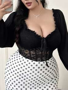 Comfortcana Plus Size Women Lantern Sleeve Lace Patchwork Square Collar Padded Blouse, Romantic For Dates And Parties, Autumn/Winter Black Babydoll Top