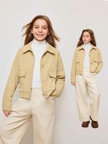 Tween Mädchen Jacke Einfarbig mit langen Ärmeln, Knopfleiste und Cargo-Tasche, Lässig Jacke für den Herbst - Khaki - Übersicht 1