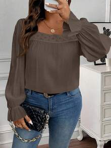 EMERY ROSE 大码女式休闲日常通勤纯色方领荷叶边袖撞色蕾丝宽松衬衫，春秋季 - 棕色 - 查看 4