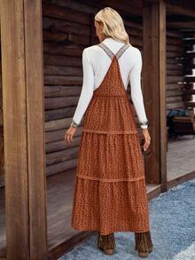 女式卡其色灯芯绒印花宽松可调节长款西部休闲吊带连衣裙，LanaWest - 棕色 - 查看 2