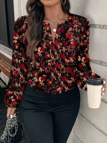 EMERY ROSE 大码印花镂空领休闲衬衫，秋季款 - 彩色 - 查看 1