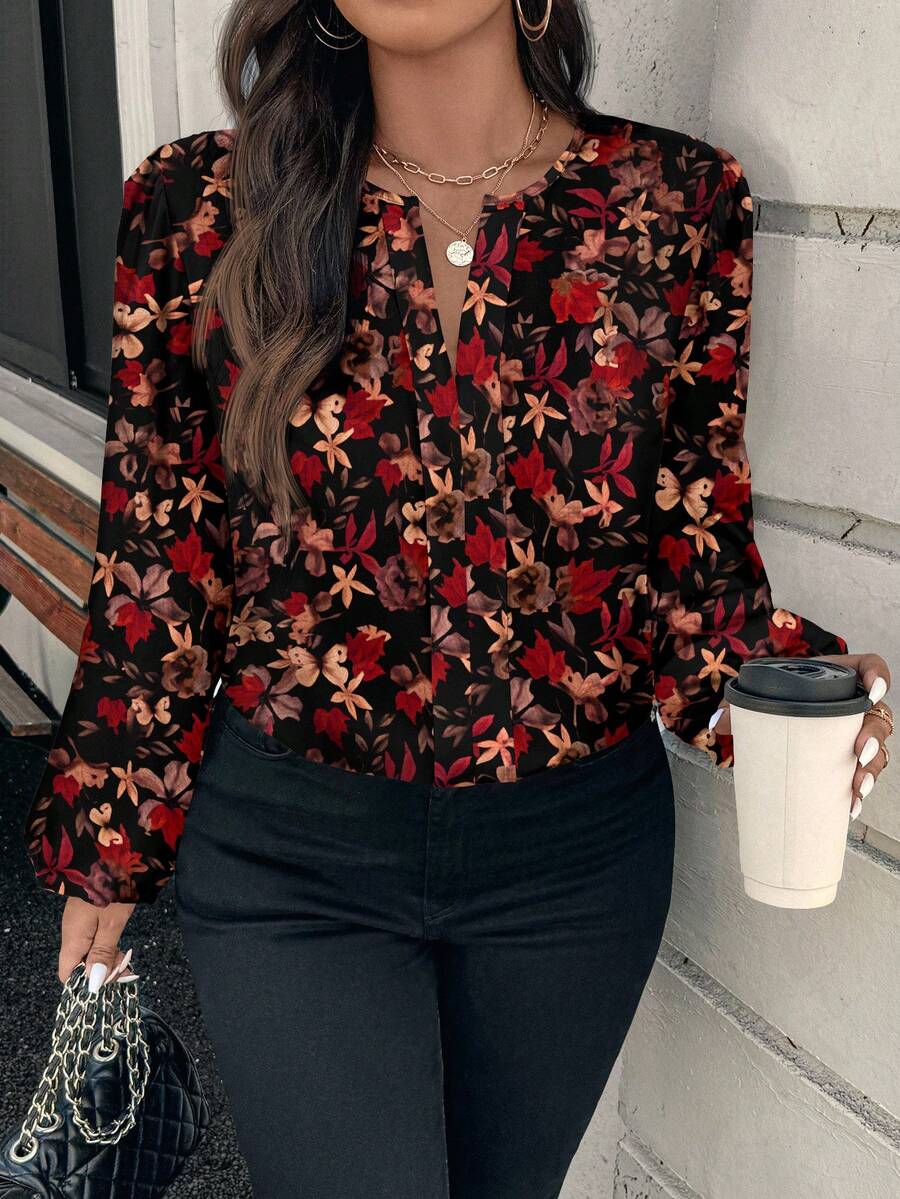 EMERY ROSE 大码印花镂空领休闲衬衫，秋季款 - 彩色 - 查看 1