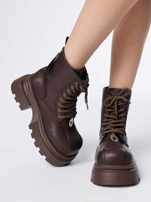 ROMWE Grunge Punk Damen Braune Lederstiefel mit Seitlichem Reißverschluss, Schnürung, Rock/Punk Stil, Reitstiefel, Motorradstiefel, Plateauabsatz, Gothic Ankle Boots und Kurzstiefel