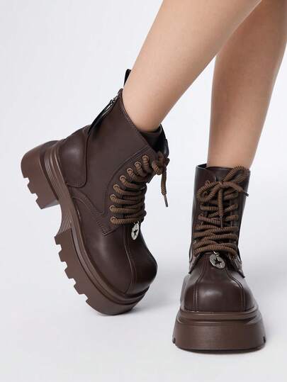 Grunge Punk Stivali in pelle marrone da donna con cerniera laterale, stringati, stile rock/punk, stivali da equitazione, stivali da moto, tacco chunky, platform, stivaletti alla caviglia e stivali corti stile gotico