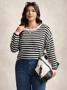 Zelara Plus Size Striped Pattern Embroidered Crew Neck Casual Long Sleeve Pullover Sweater, Winter Christmas Party Pullover Sweater - Black and White - View 4