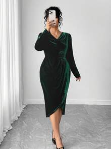 Cravure Vestido plus size elegante para festa, gola redonda, fenda, lantejoulas, estampa de leopardo, patchwork, assimétrico - Multicolorido - Ver 4