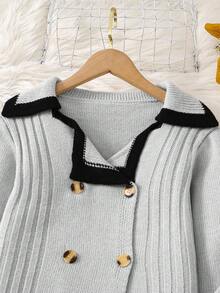 2pcs/Set Tween Girl Autumn/Winter Fashion Contrast Trim Double-Breasted Collar Cardigan & Wide Leg Knit Pants, Casual Korean Style Suitable For Daily, Shopping, Outdoor, School