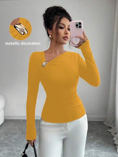 Elenzga Women's Asymmetric Neck Metal Decor Long Sleeve Fashion T-Shirt