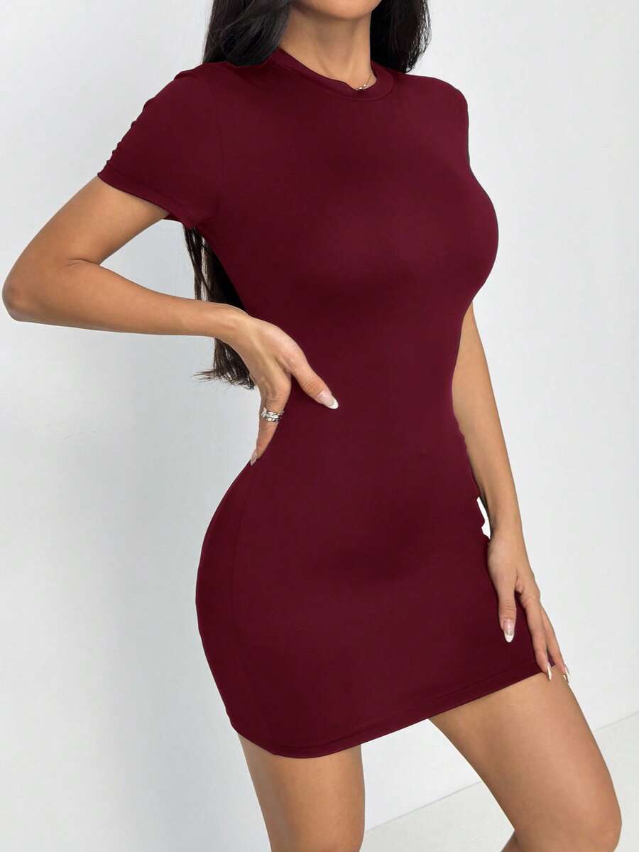 SHEIN PETITE 女士休闲纯色罗纹针织修身迷你连衣裙 - 酒紅色 - 查看 1