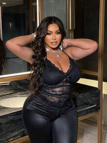 NU&NOW 大码女式细肩带 V 领蝴蝶结荷叶边拼接复古可爱透明蕾丝吊带背心 - 黑色 - 查看 3