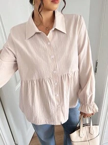 Lounesse Chemise décontractée à manches longues et ample avec boutons pour femmes grandes tailles, blouse grande taille pour un port quotidien - Nude - Voir 3