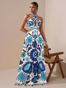 Zivah Mùa cưới New Wave 2025 Phong cách Simian Kỳ nghỉ đầy màu sắc Hẹn hò hàng ngày Tiệc sinh nhật Cổ chữ thập Halter Khoét sâu Ngực trước Eo lộ Dây đeo sau Nơ Viền trang trí - Màu xanh lam - Xem 7