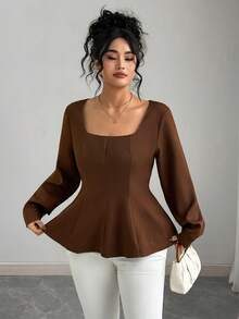 Elenzga 女式方领梯形领多缝腰部 A 字长袖衬衫，袖口，优雅的梅洛棕色，精致的办公室/通勤/商务休闲，复古街头风格，百搭，秋冬，春季新品 - 棕色 - 查看 4